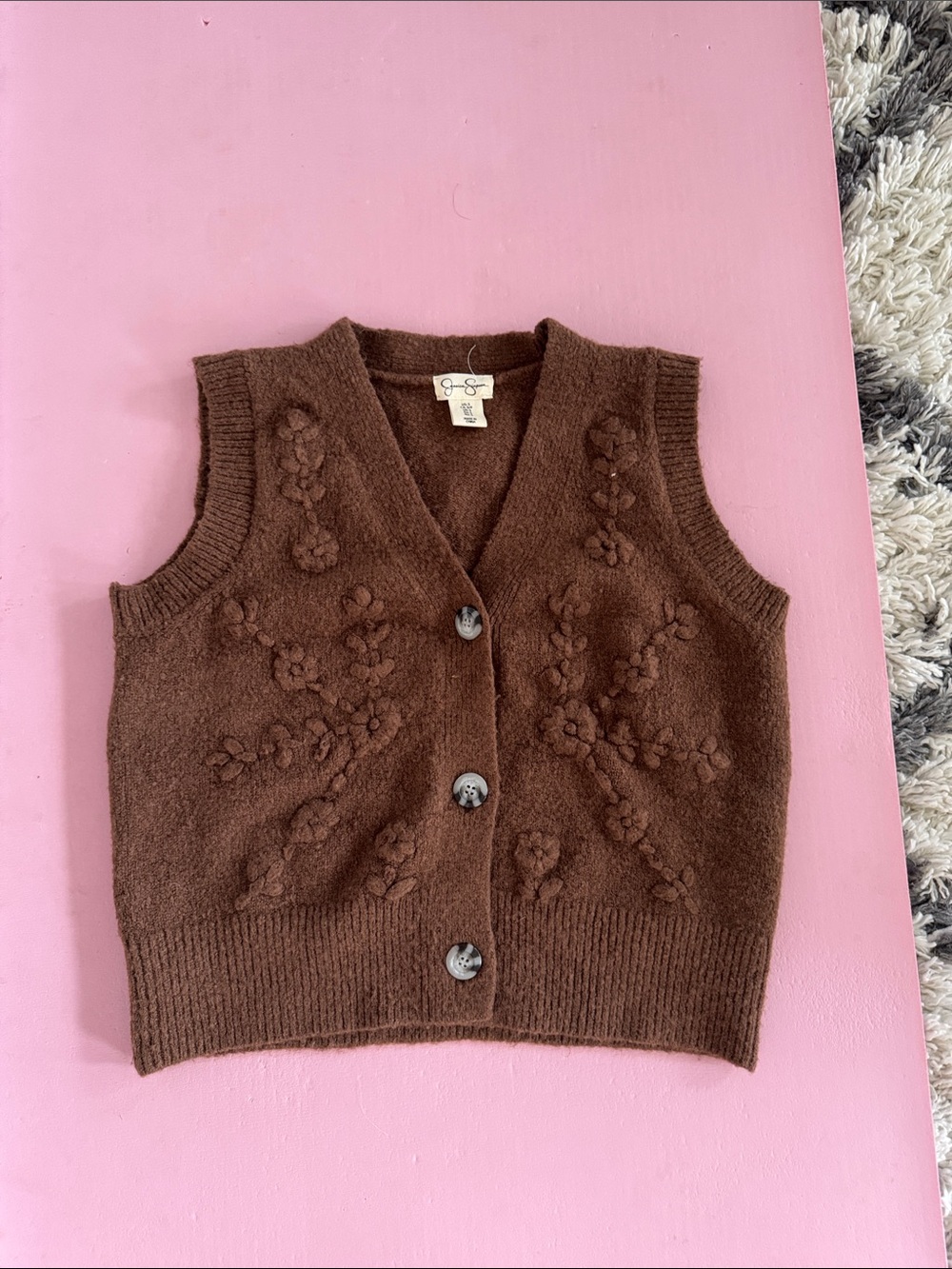 Jessica Simpson Chocolate Brown Floral Knit Button Vest